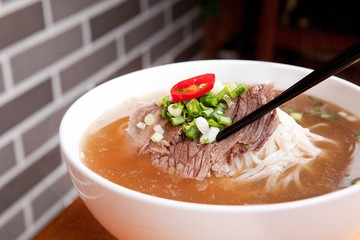 Fresh beef and onion, light and delicious beef rice noodle made of ingredients