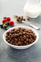 Chocolate cereals in a white bowl
