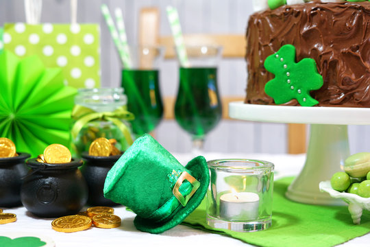 St Patricks Day Party Table with Chocolate Cake
