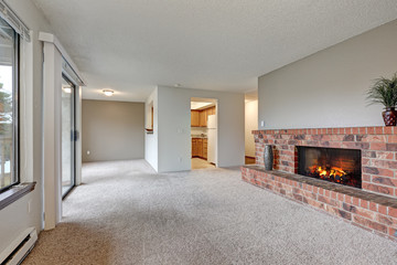 Empty living room features grey walls