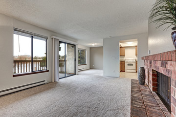 Empty living room features grey walls