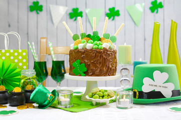 St Patricks Day Party Table with Chocolate Cake