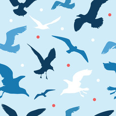Seamless pattern with seagulls on blue background