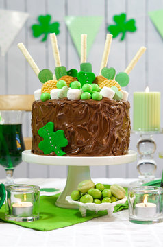 St Patricks Day Party Table with Chocolate Cake