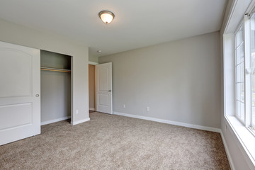 Empty pale grey room interior with a closet.