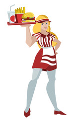 fast food waitress girl serving a plate full with french fries burger and drink soda