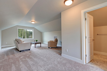 Vaulted ceiling family room interior with grey paint color