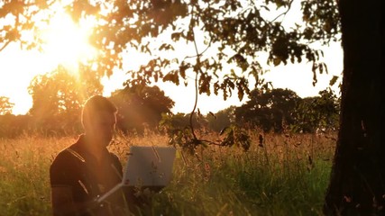 Digital nomad working in a peaceful sunset meadow - Powered by Adobe