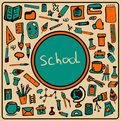 Vector Postcard with illustrations on the theme of the school. Shape made from doodles pens, notebooks, books and other school supplies. There is a place for your text.