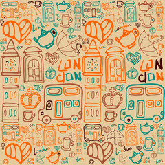Vector background on a theme of England. handmade Doodles. Travel lovers. Caption London. It can be used for packaging, invitations, greeting cards, etc.