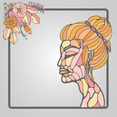 Vector frame with a graphic image of a girl face and flowers. The theme of yoga and relax. Trendy. There is a place for your text. It can be used for packaging, invitations, greeting cards, etc.