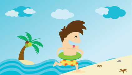 Obraz na płótnie Canvas Man running to summer beach. Vector illustration.