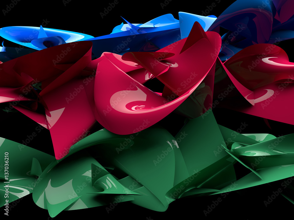 Poster abstract swirly shapes on black background. 3d rendering