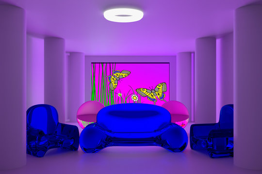 3D-Rendering eines futuristischen rosa Zimmers mit zwei roten, transparenten Sitzgelegenheiten und Schmetterlingsbild
