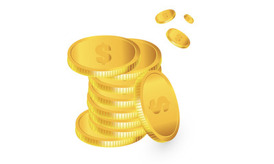  Isolated  coins money, golden stack of coins.On a white background.