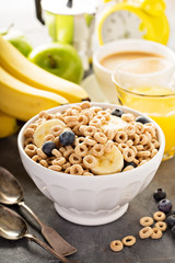 Healthy cold cereal in a white bowl