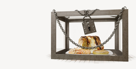 cakes in close metal box with chains diet concept composition photo