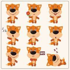 Funny little fox set in different poses. Collection isolated fox in cartoon style.