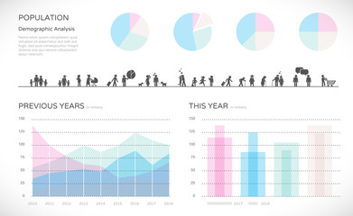 Demographic graphs and charts. People target groups infographics in modern flat design style.
