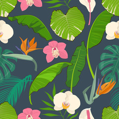 Seamless pattern with tropical leaves and flowers