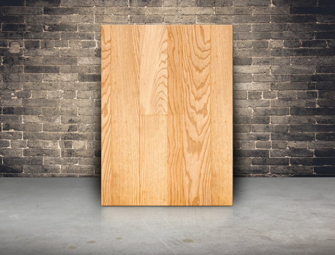 Blank wood board frame at grunge brick wall and concrete floor,M