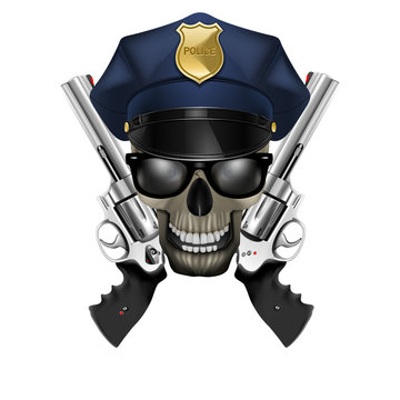 skull with sunglasses in a police cap and revolver