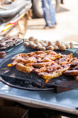 chicken, Grilled chicken on the grill at local market in Thailand.