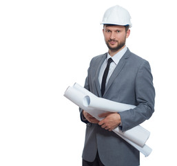 Confident architect holding many drawing plans of buildings.