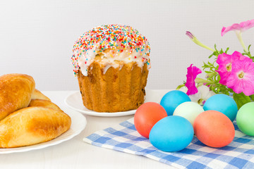 Easter table with dyed eggs.