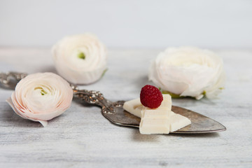 Chocolate with raspberry on shovel