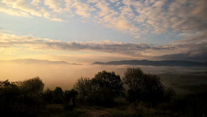 Fototapeta na wymiar Misty morning with view on the fog on meadow. Slovakia