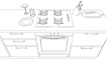 Sketch drawing of built-in kitchen oven and 4 -burner hob black and white. Top view. 