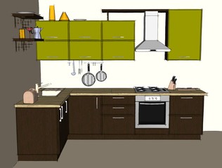 Sketch drawing of green and brown modern corner kitchen interior. Front view