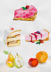 торты и фрукты, акварельная иллюстрация - obrazy, fototapety, plakaty