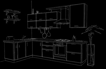 Outline sketch of modern corner kitchen. White pencil lines on black background. Isometric view.