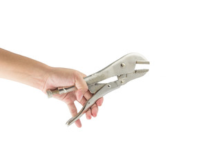 Hand holding locking pliers isolated on white background.