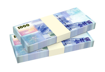 Taiwanese yuan bills isolated on white background. 3D illustration.