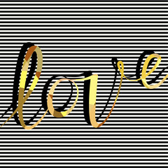 Cover design greeting cards for Valentine's day. Picture the word love in gold. Word love on the striped black and white background.