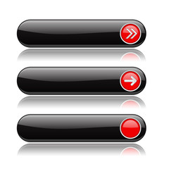 Black oval buttons with red arrows. Menu interface elements with metal frame