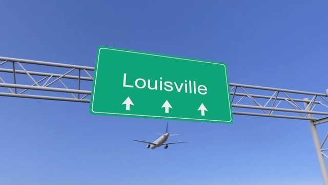Twin engine commercial airplane arriving to Louisville airport. Travelling to United States conceptual 4K animation