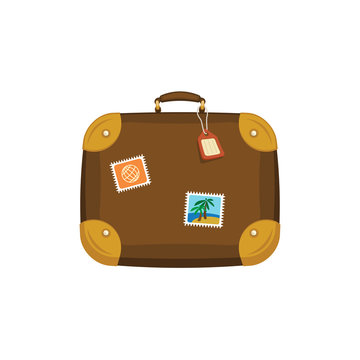 Brown travel bag suitcase with stickers, tag, label on isolated white background. Summer handle luggage. Travel concept. Flat vector icon illustration.