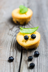 Fresh Muffins on Wooden Background with Blueberries