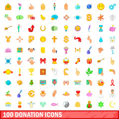 100 donation icons set, cartoon style