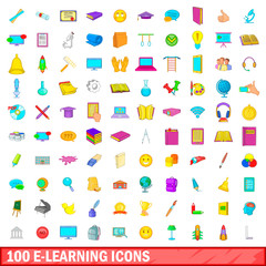 100 e-learning icons set, cartoon style