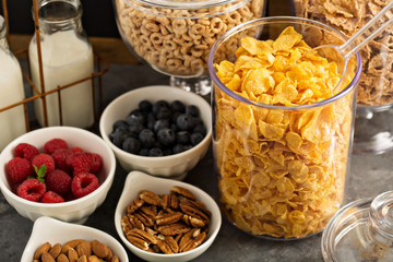 Cereal bar or buffet wih cornflakes, fruit and nuts