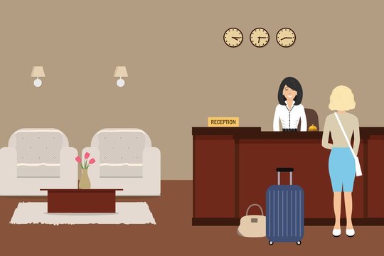 Hotel reception. Young woman receptionist stands at reception desk. There are two armchairs and table with flowers also in the picture. Travel, hospitality, hotel booking concept. Vector illustration