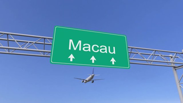Twin engine commercial airplane arriving to Macau airport. Travelling to China conceptual 4K animation