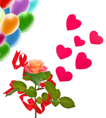 image single rose, balloons and hearts as a symbol of love and celebration