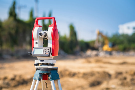 Tacheometer or theodolite surveyor equipment tool for engineering to survey outdoors are at construction site