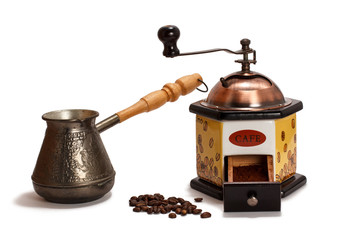 Coffee grinder, coffee beans with cezve